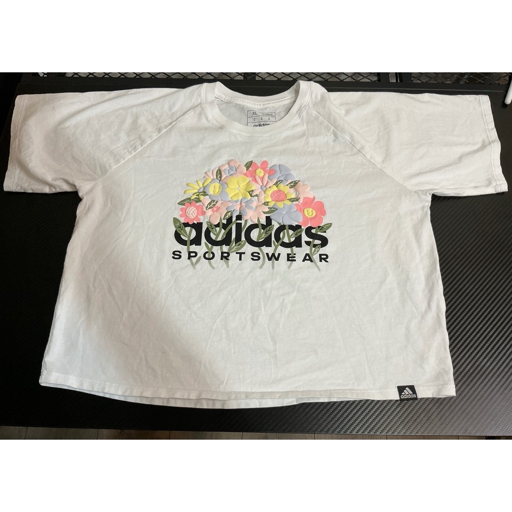 Adidas Sportswear Women Floral Graphic T-Shirt White Loose Fit Boxy Tee XL